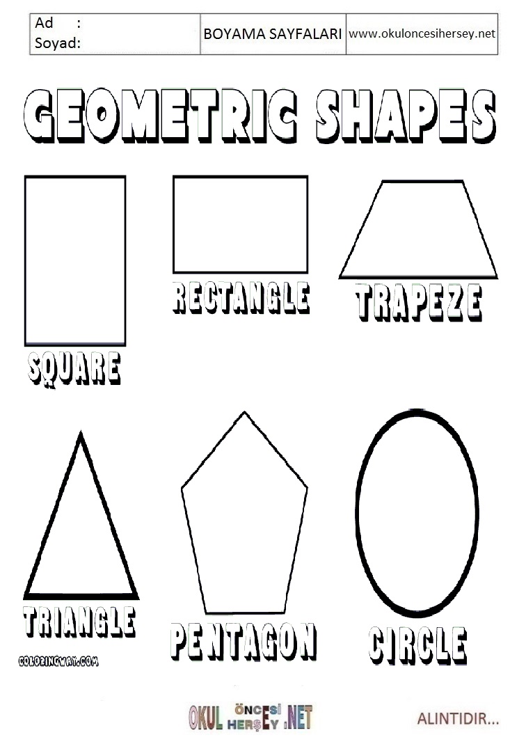Çocuklar İçin  Geometrik Şekiller Boyama Sayfaları 