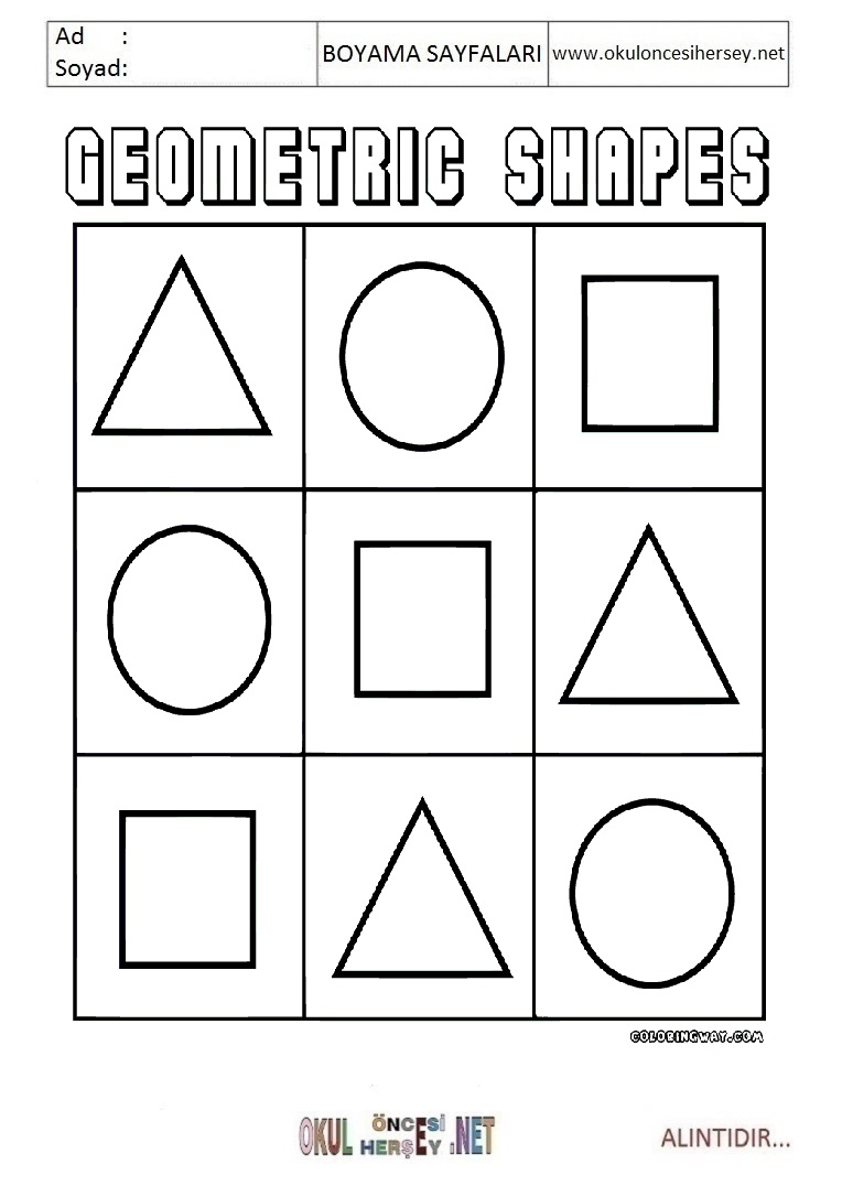 Çocuklar İçin  Geometrik Şekiller Boyama Sayfaları 