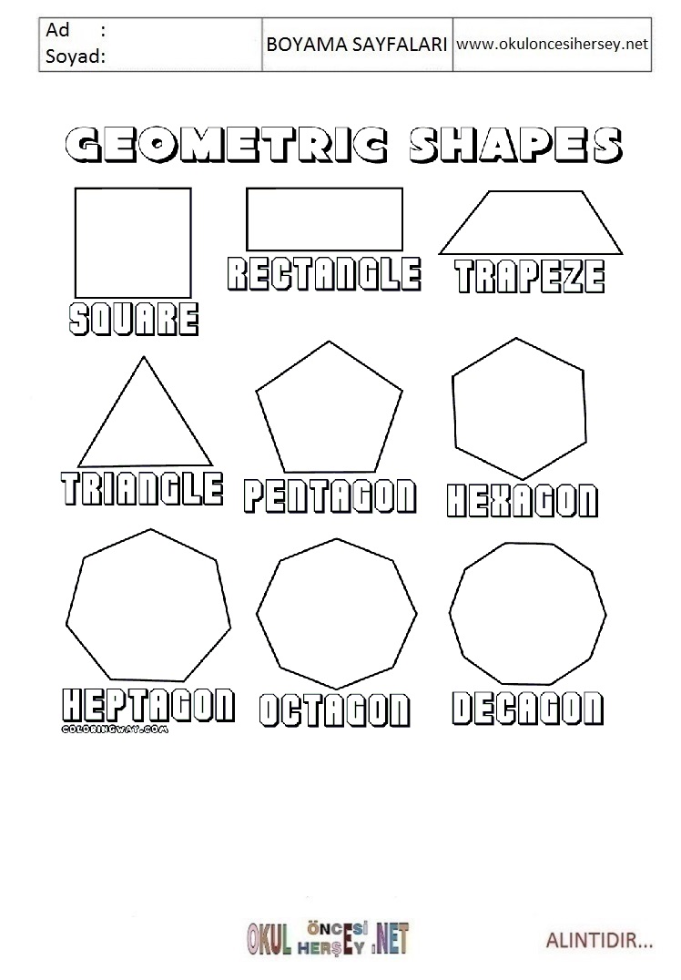 Çocuklar İçin  Geometrik Şekiller Boyama Sayfaları 