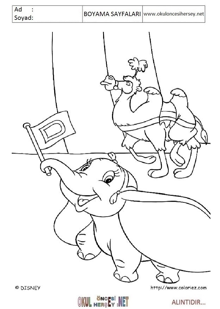 Çocuklar İçin Dumbo Boyama Sayfaları 