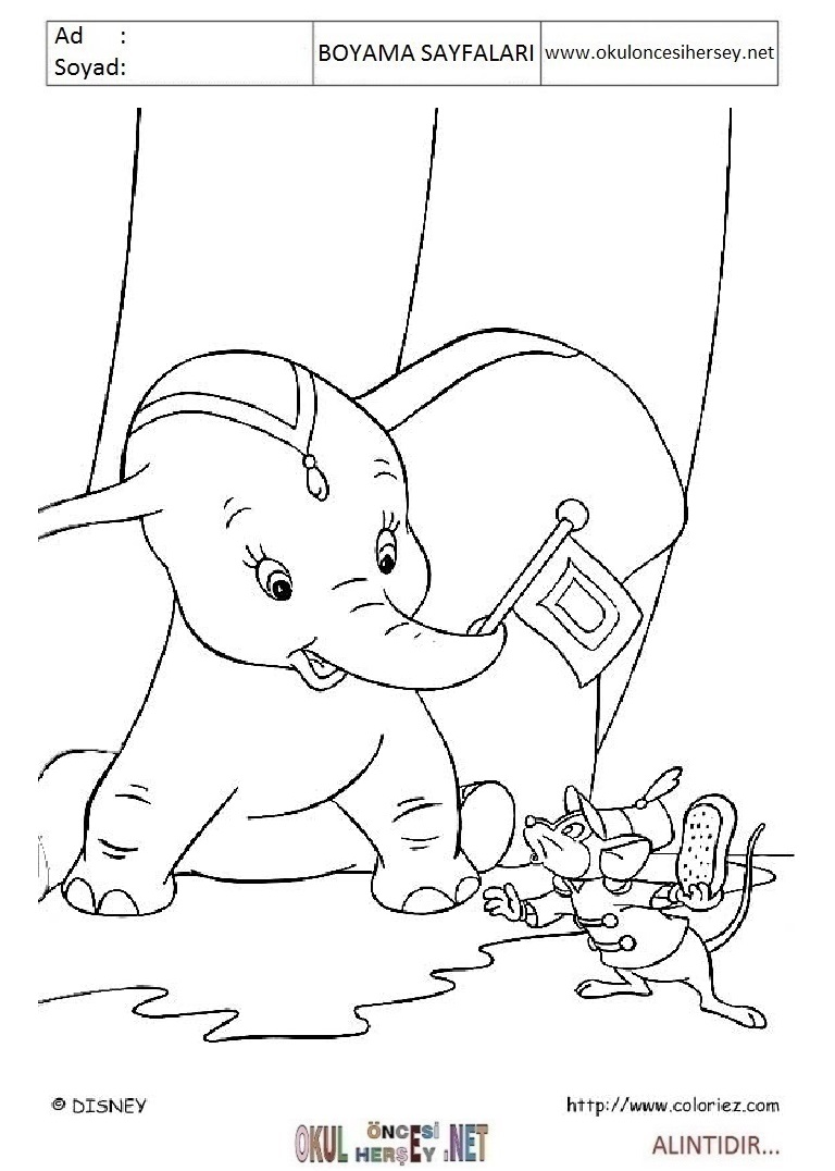 Çocuklar İçin Dumbo Boyama Sayfaları 