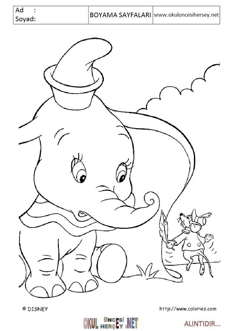 Çocuklar İçin Dumbo Boyama Sayfaları 