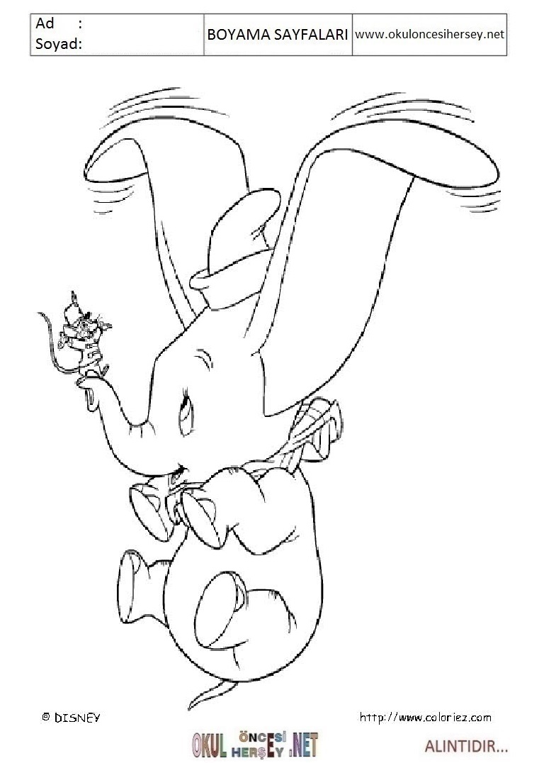 Çocuklar İçin Dumbo Boyama Sayfaları 