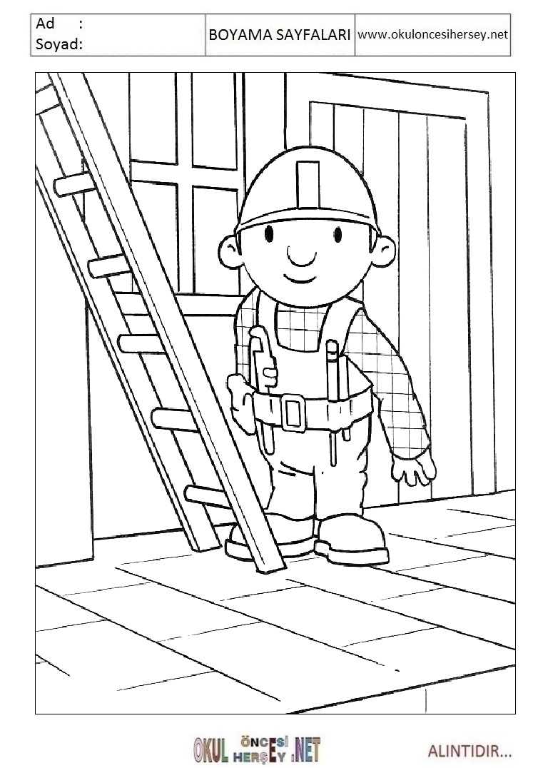 Çocuklar İçin İnşaatçı Bob Boyama Sayfaları 