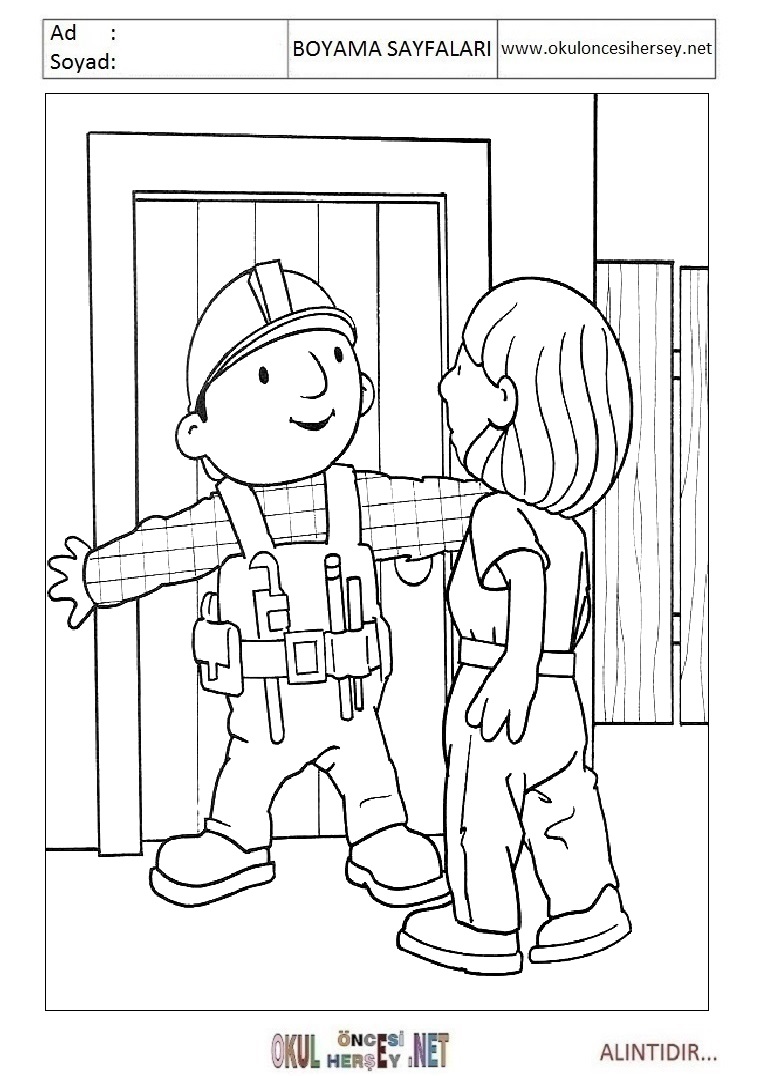 Çocuklar İçin İnşaatçı Bob Boyama Sayfaları 