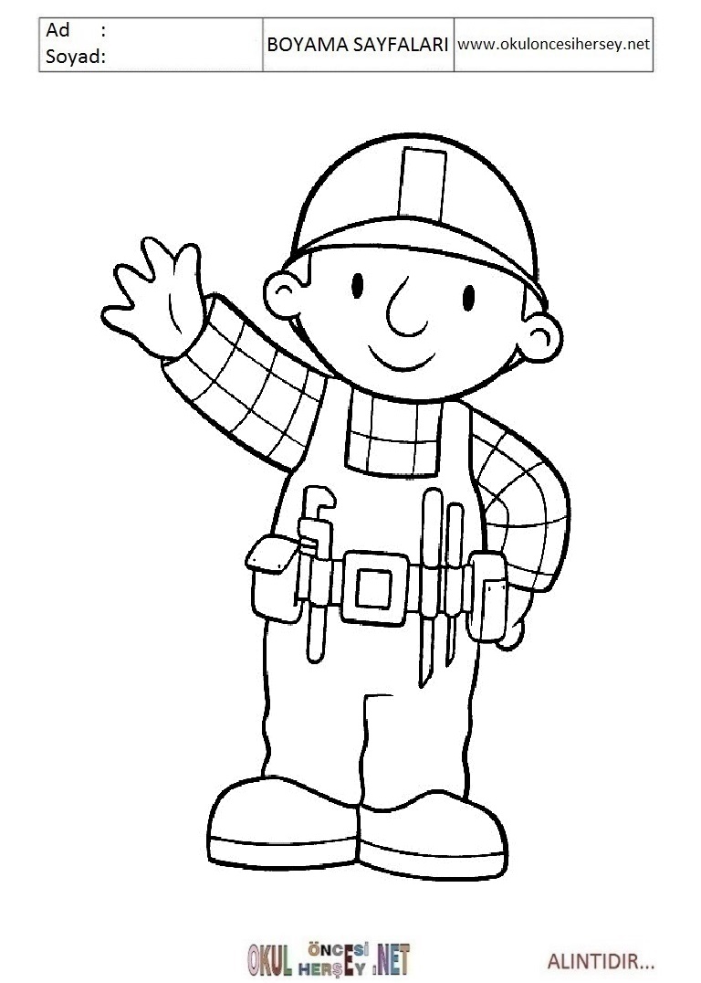 Çocuklar İçin İnşaatçı Bob Boyama Sayfaları 