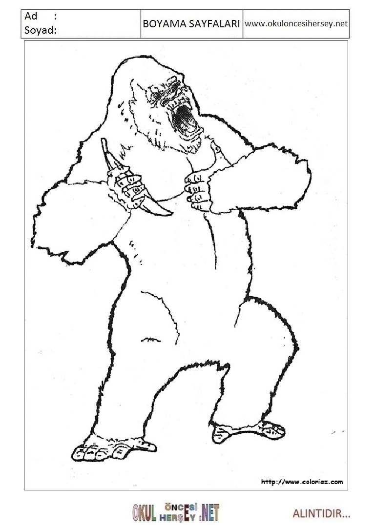 Çocuklar İçin King Kong Boyama Sayfaları 