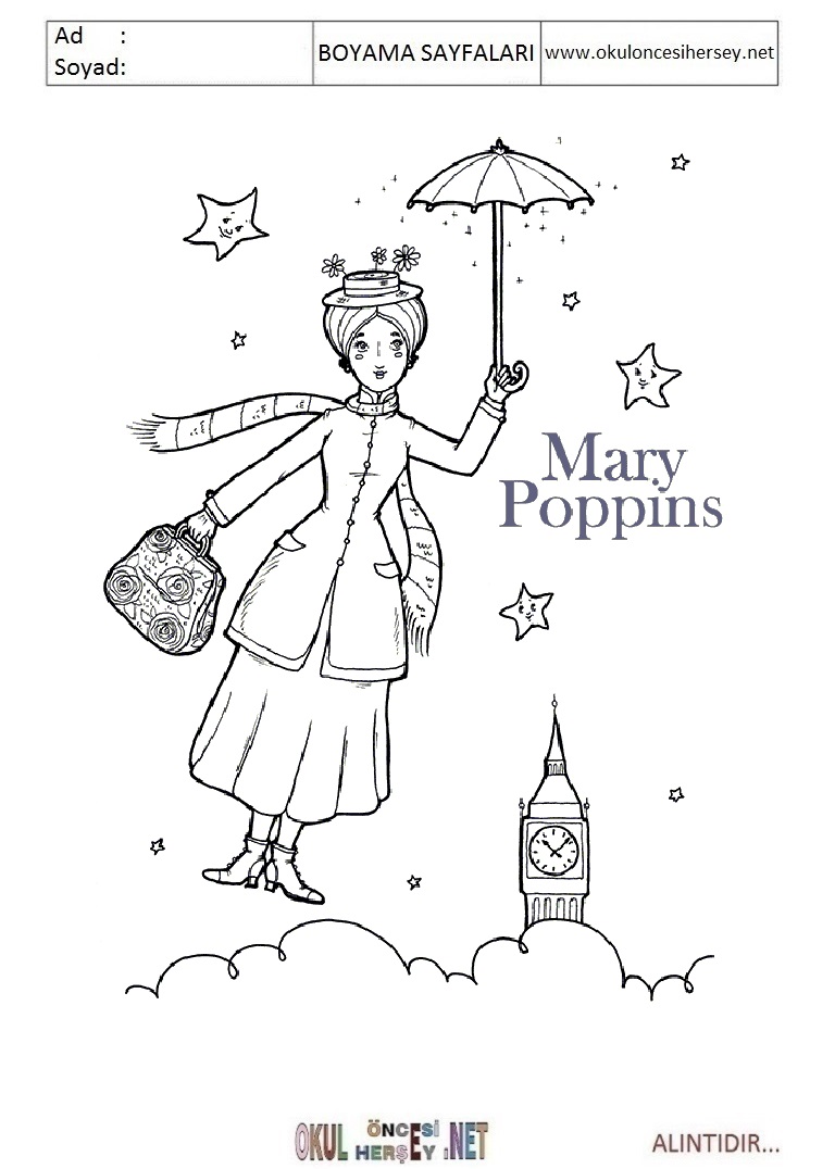 Çocuklar İçin Mary Poppins Boyama Sayfaları 