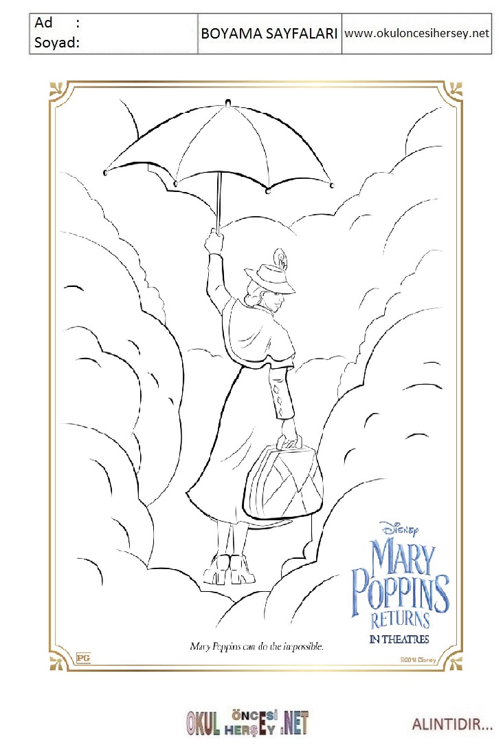 Çocuklar İçin Mary Poppins Boyama Sayfaları 