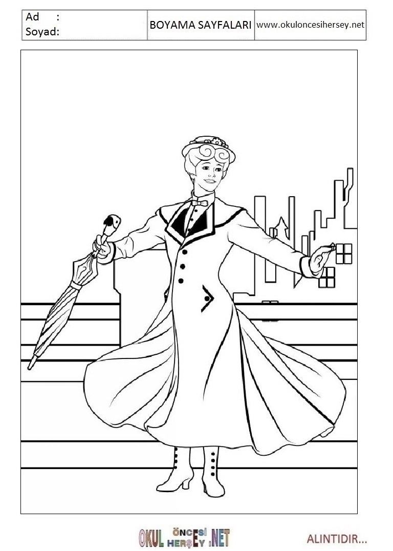 Çocuklar İçin Mary Poppins Boyama Sayfaları 