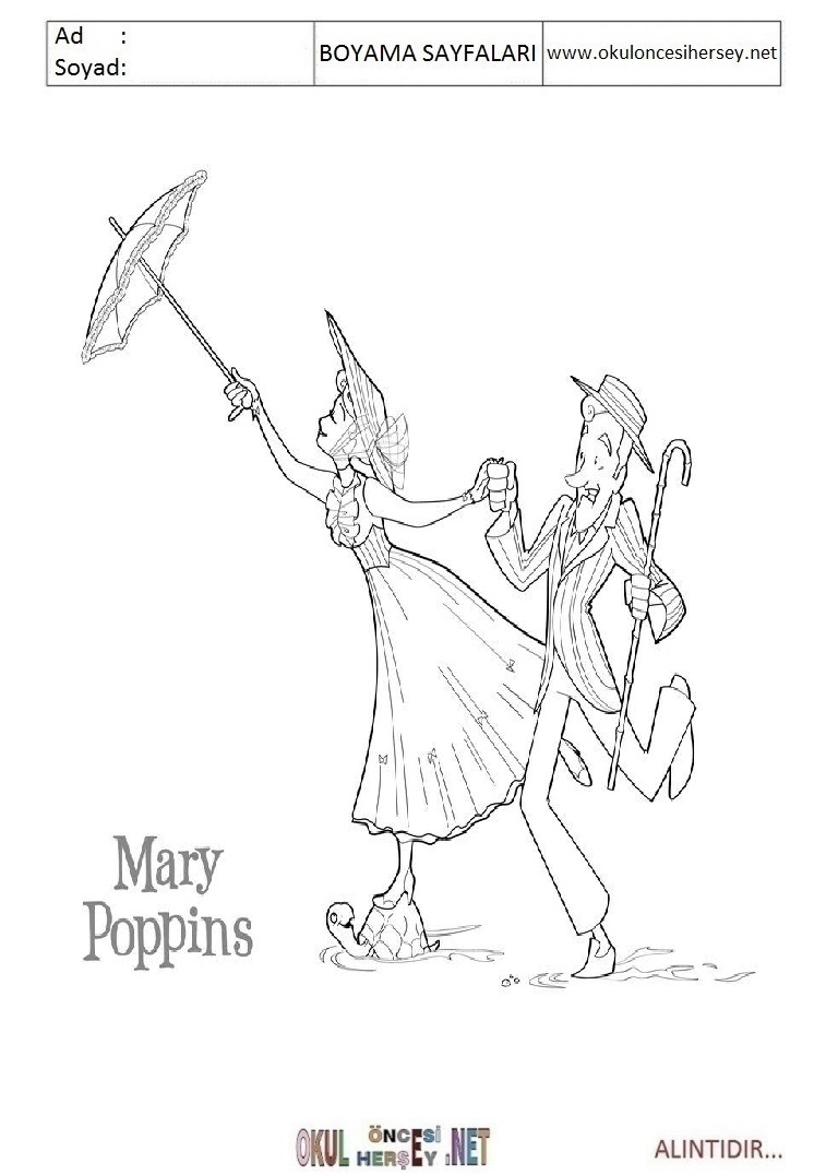 Çocuklar İçin Mary Poppins Boyama Sayfaları 