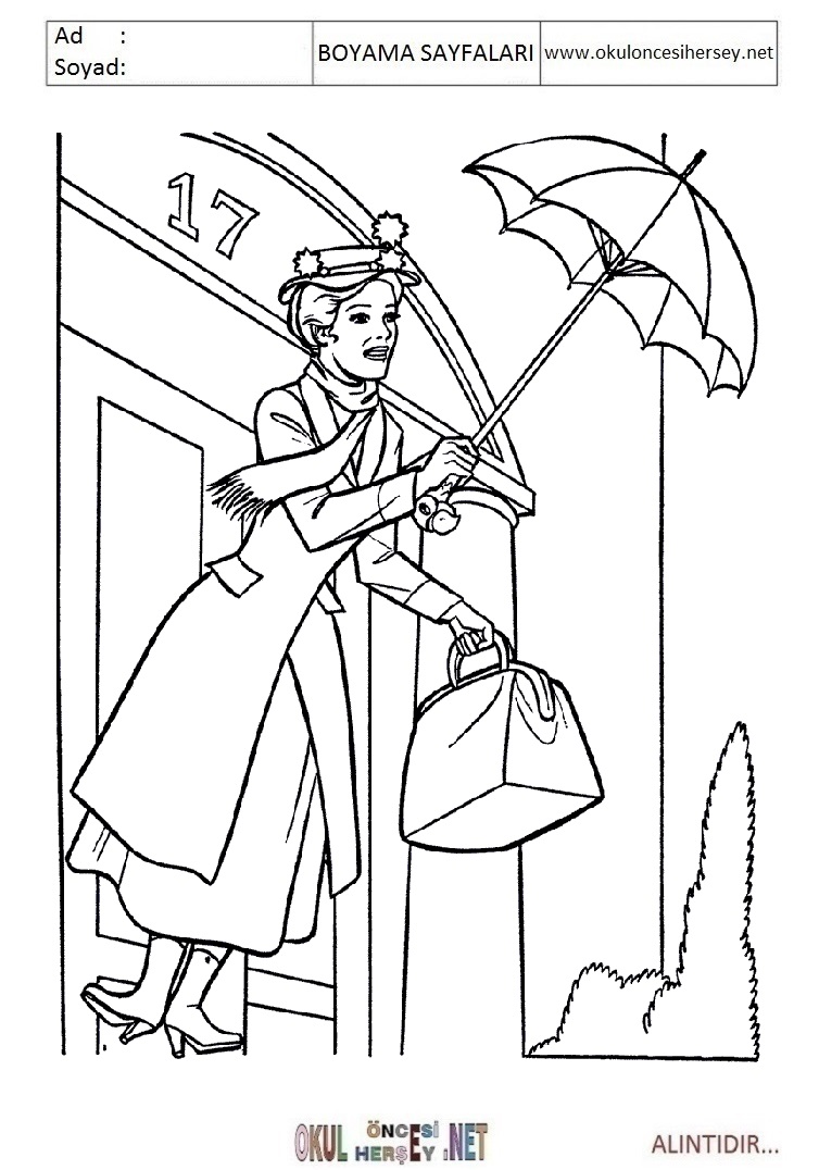 Çocuklar İçin Mary Poppins Boyama Sayfaları 