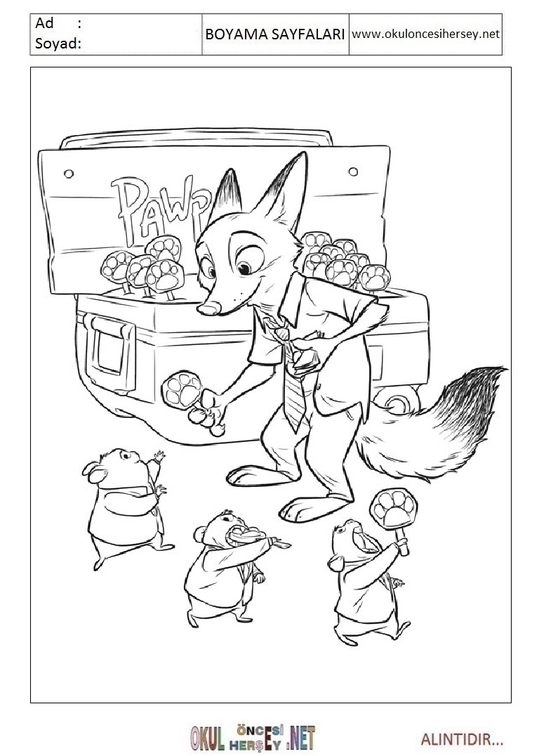 Çocuklar İçin Zootopia Boyama Sayfaları 