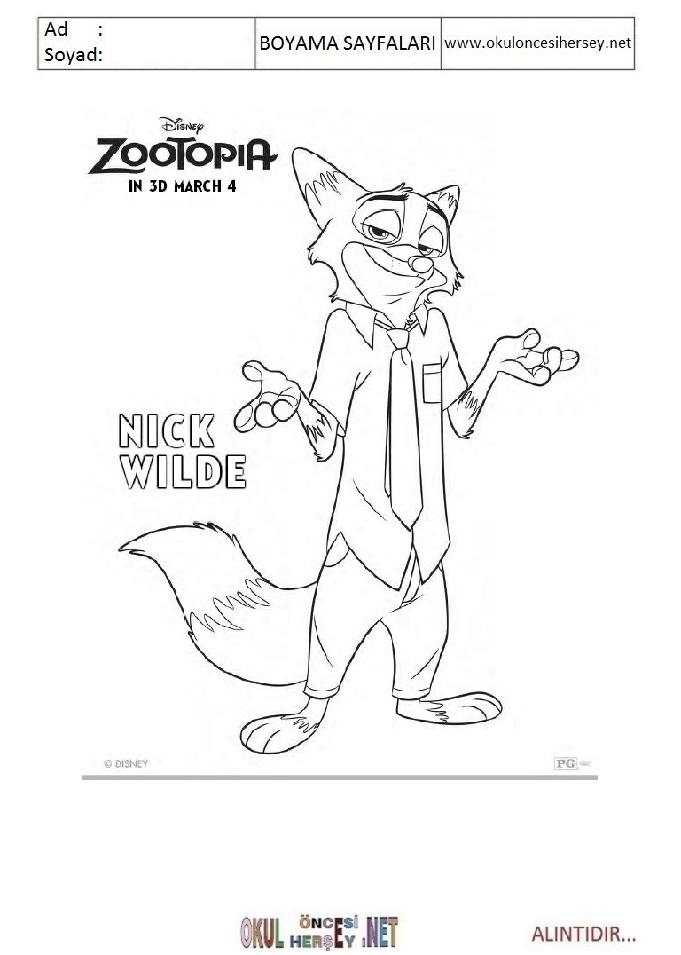 Çocuklar İçin Zootopia Boyama Sayfaları 