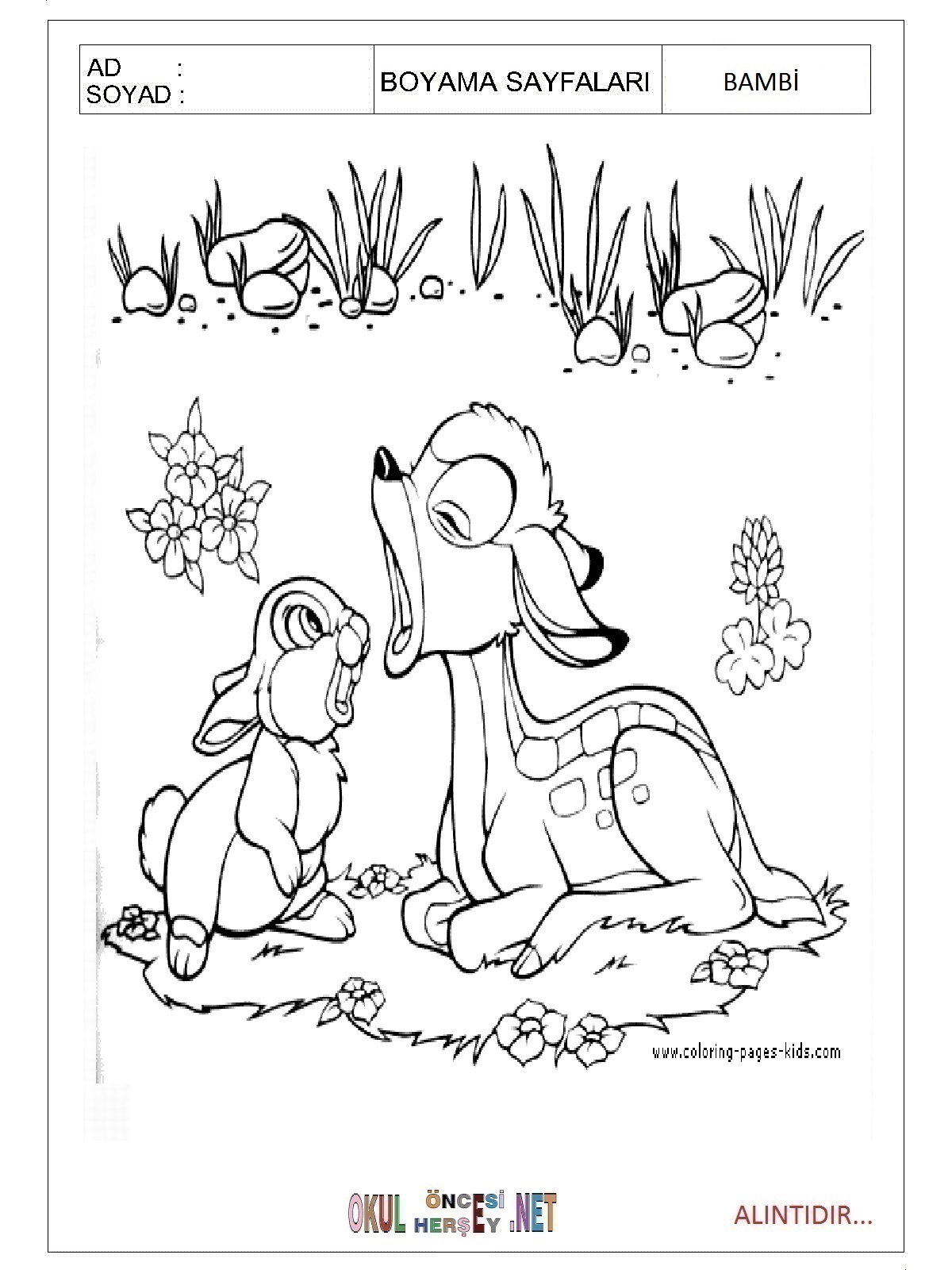 Çocuklar İçin Bambi Boyama Sayfaları 