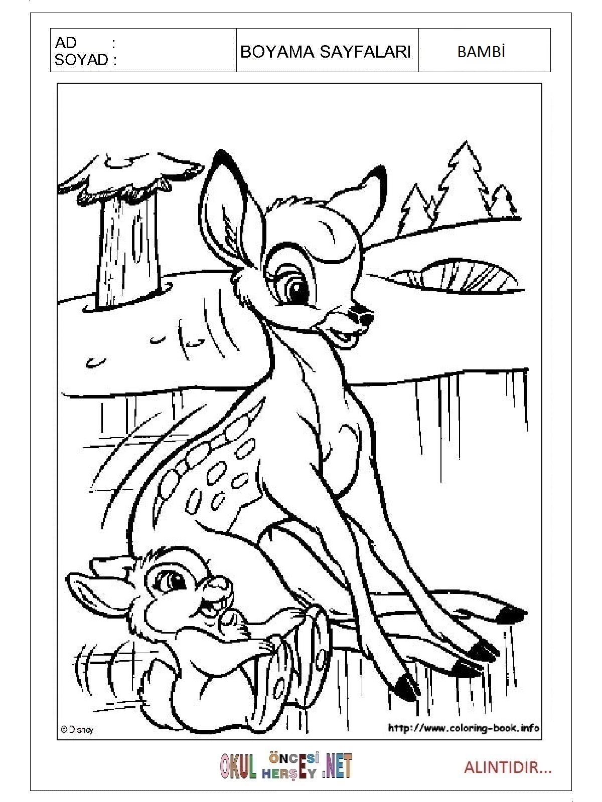 Çocuklar İçin Bambi Boyama Sayfaları 