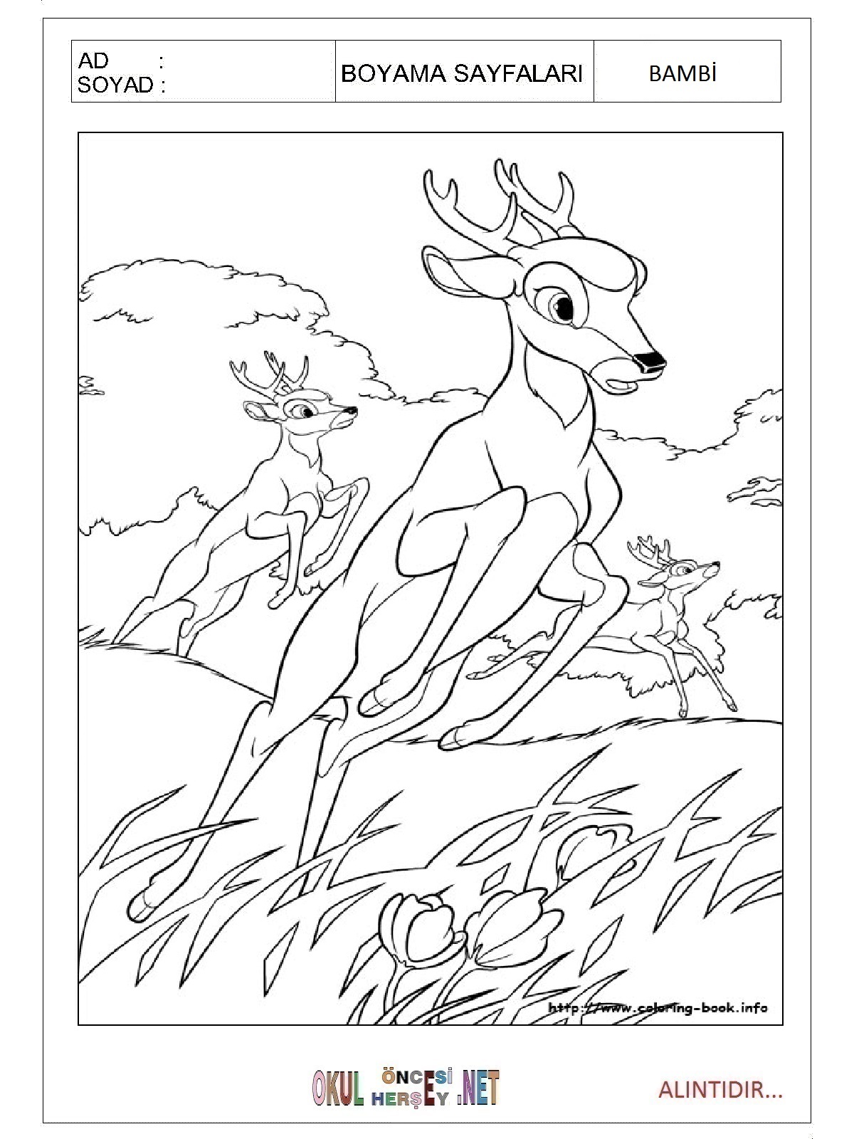 Çocuklar İçin Bambi Boyama Sayfaları 