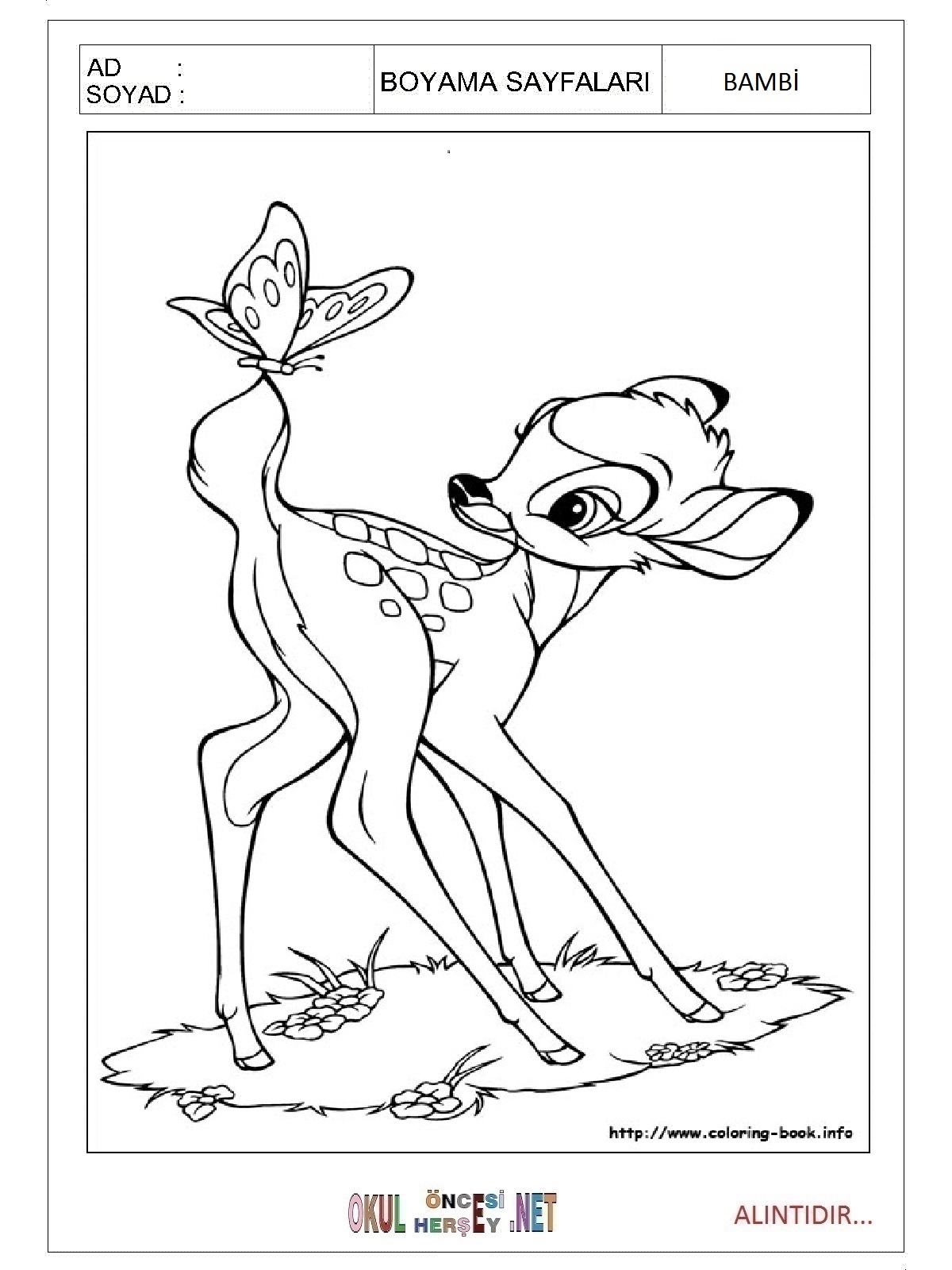 Çocuklar İçin Bambi Boyama Sayfaları 