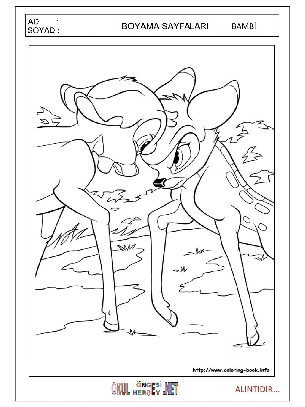 Çocuklar İçin Bambi Boyama Sayfaları 