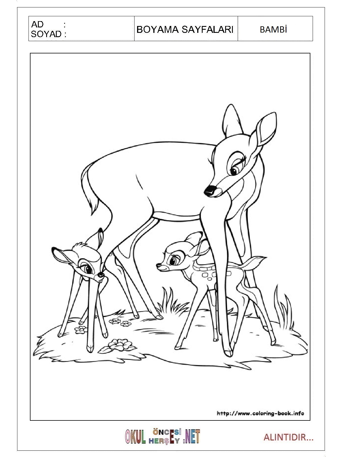 Çocuklar İçin Bambi Boyama Sayfaları 