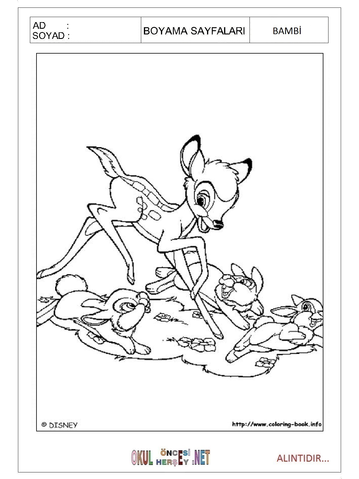 Çocuklar İçin Bambi Boyama Sayfaları 