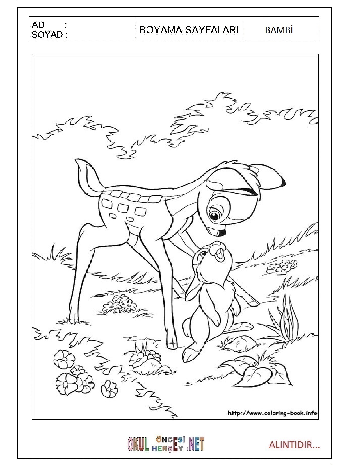 Çocuklar İçin Bambi Boyama Sayfaları 