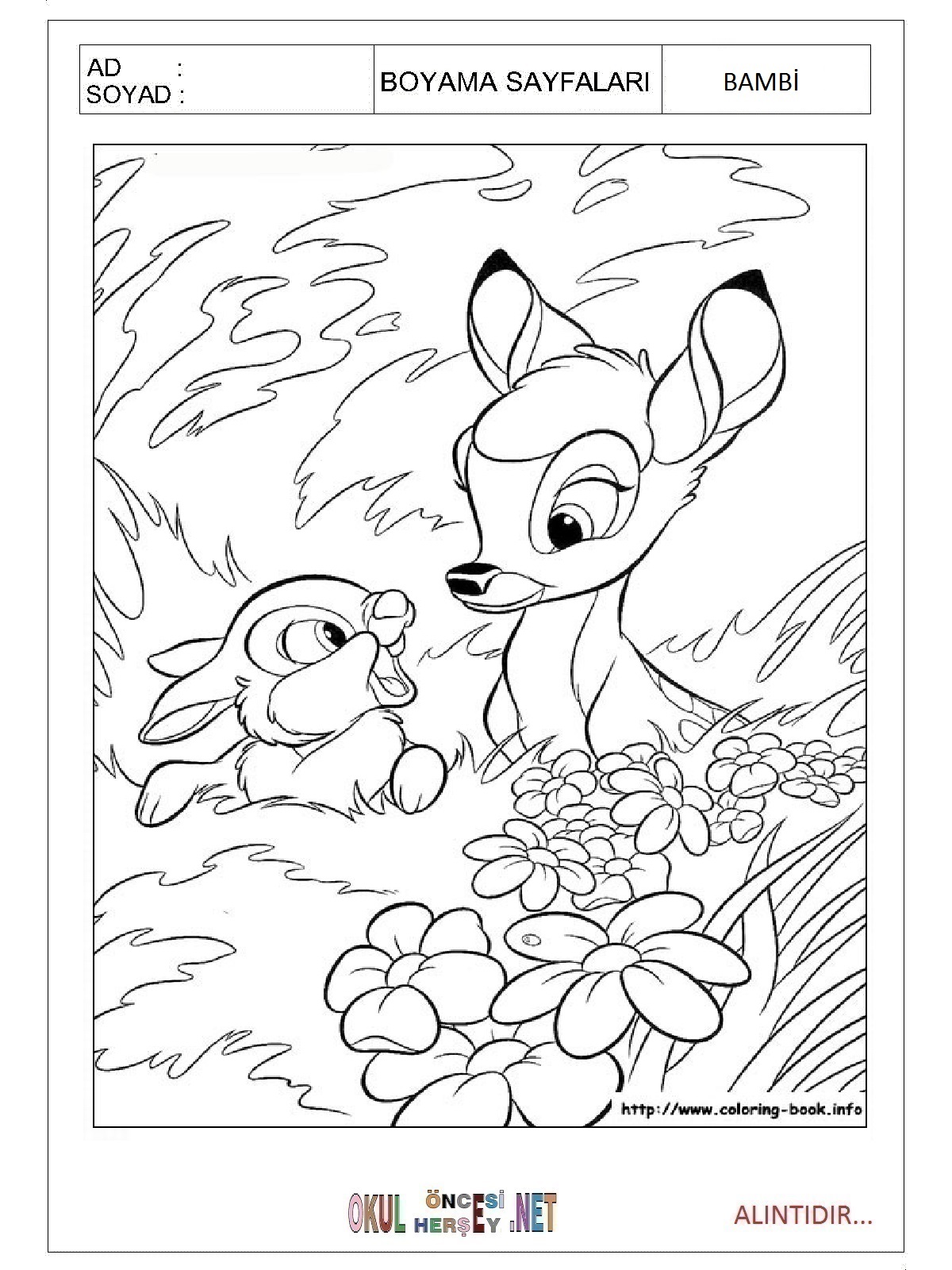 Çocuklar İçin Bambi Boyama Sayfaları 