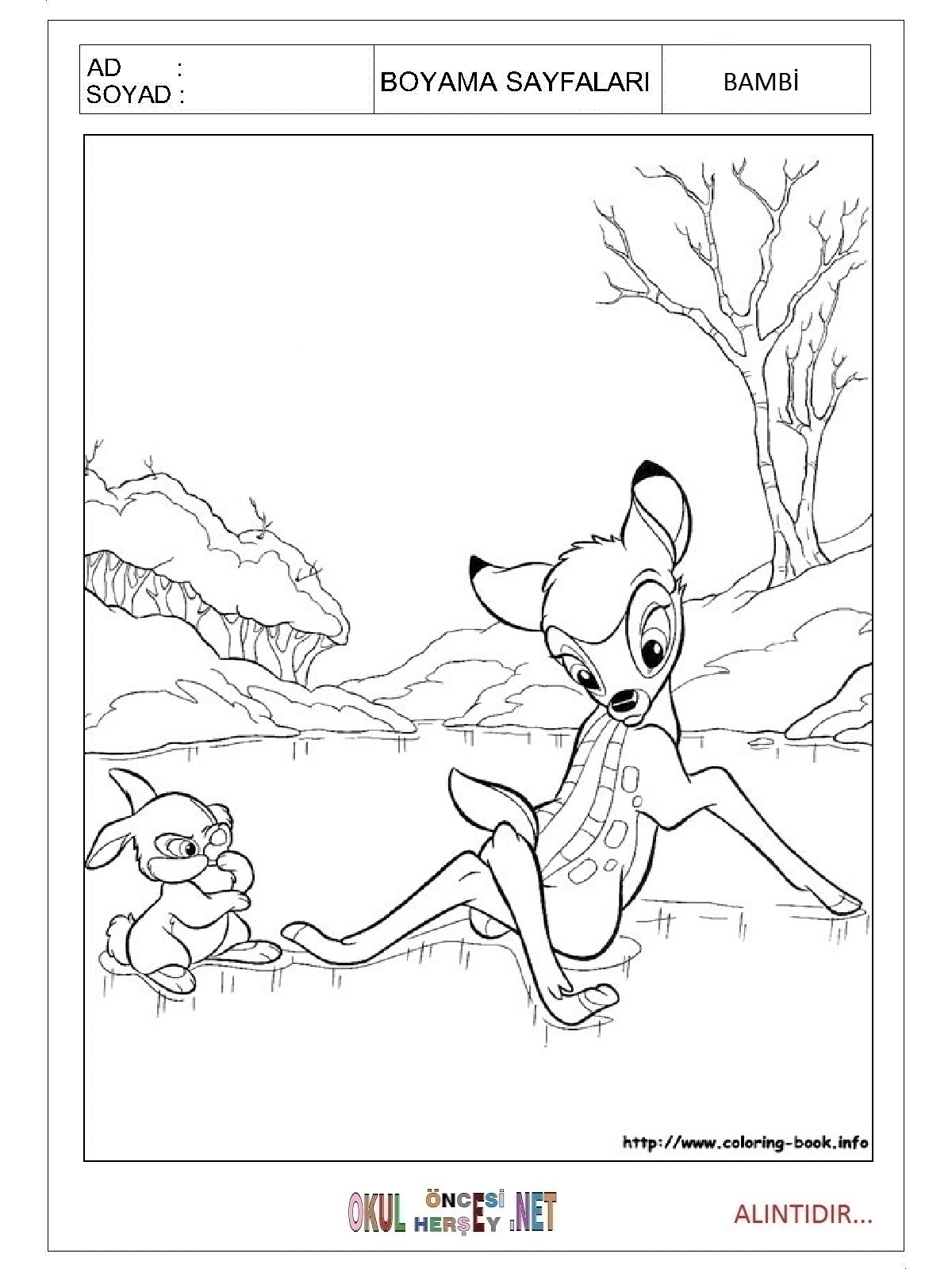 Çocuklar İçin Bambi Boyama Sayfaları 