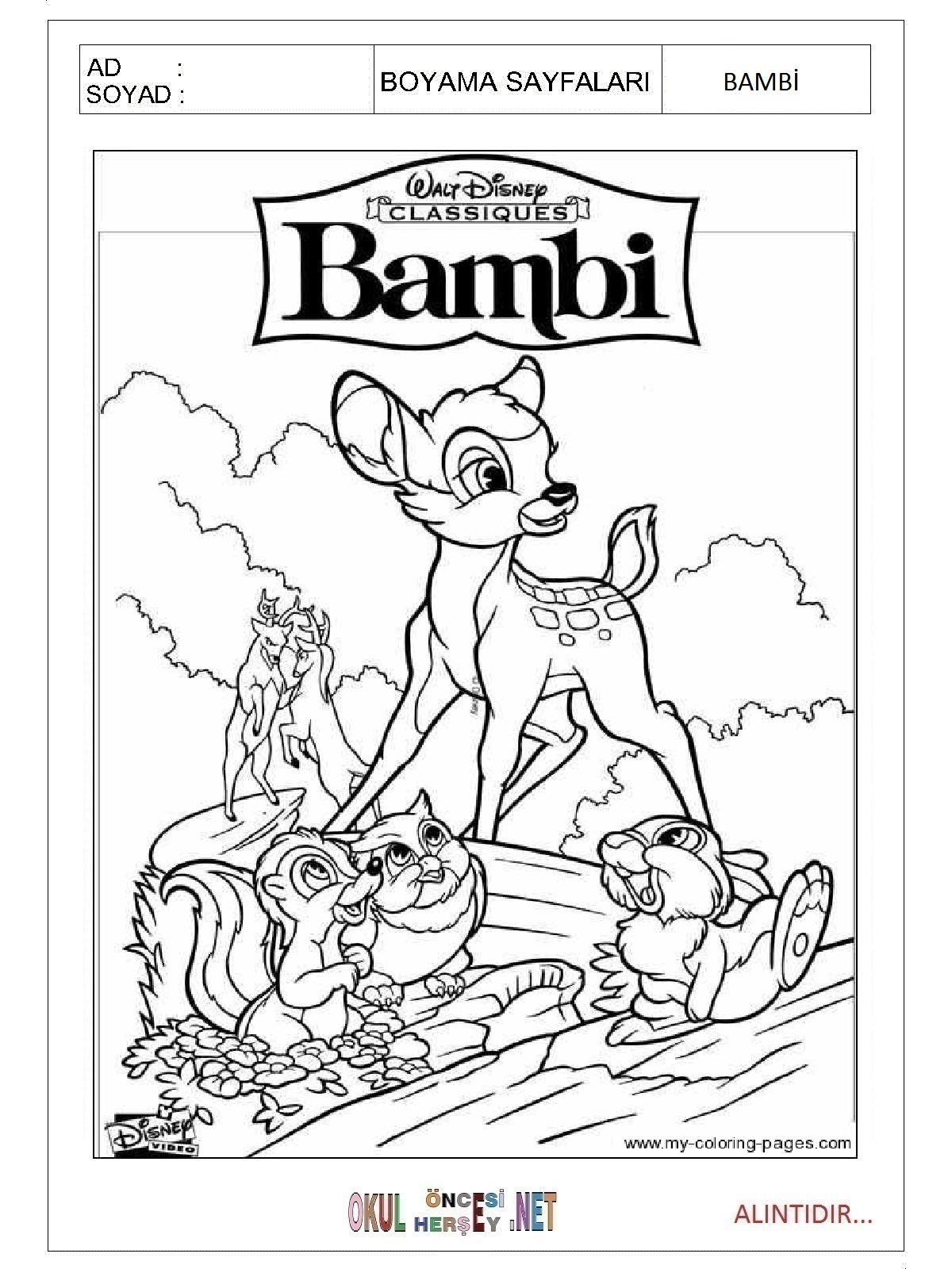 Çocuklar İçin Bambi Boyama Sayfaları 