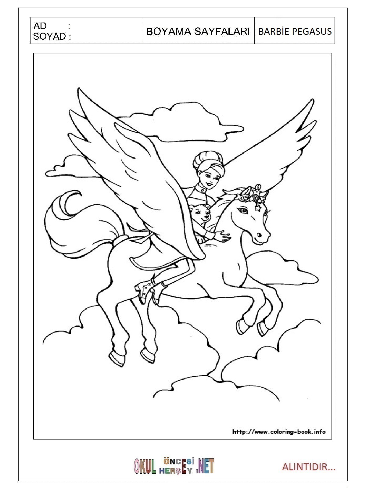 Çocuklar İçin Barbie Pegasus Boyama Sayfaları 