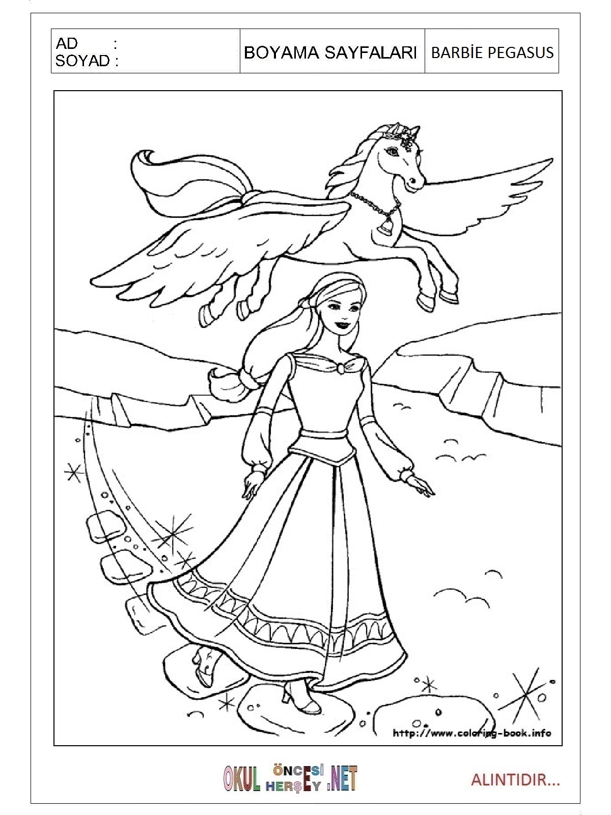 Çocuklar İçin Barbie Pegasus Boyama Sayfaları 