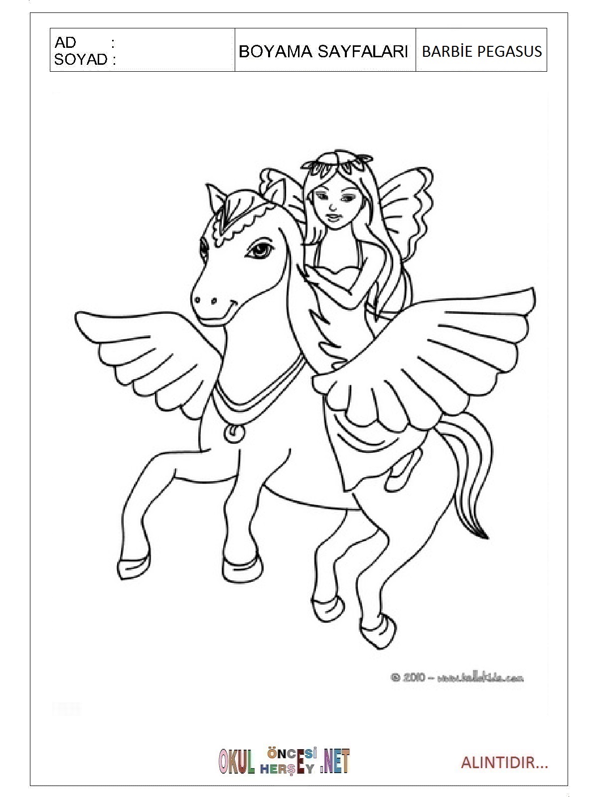 Çocuklar İçin Barbie Pegasus Boyama Sayfaları 