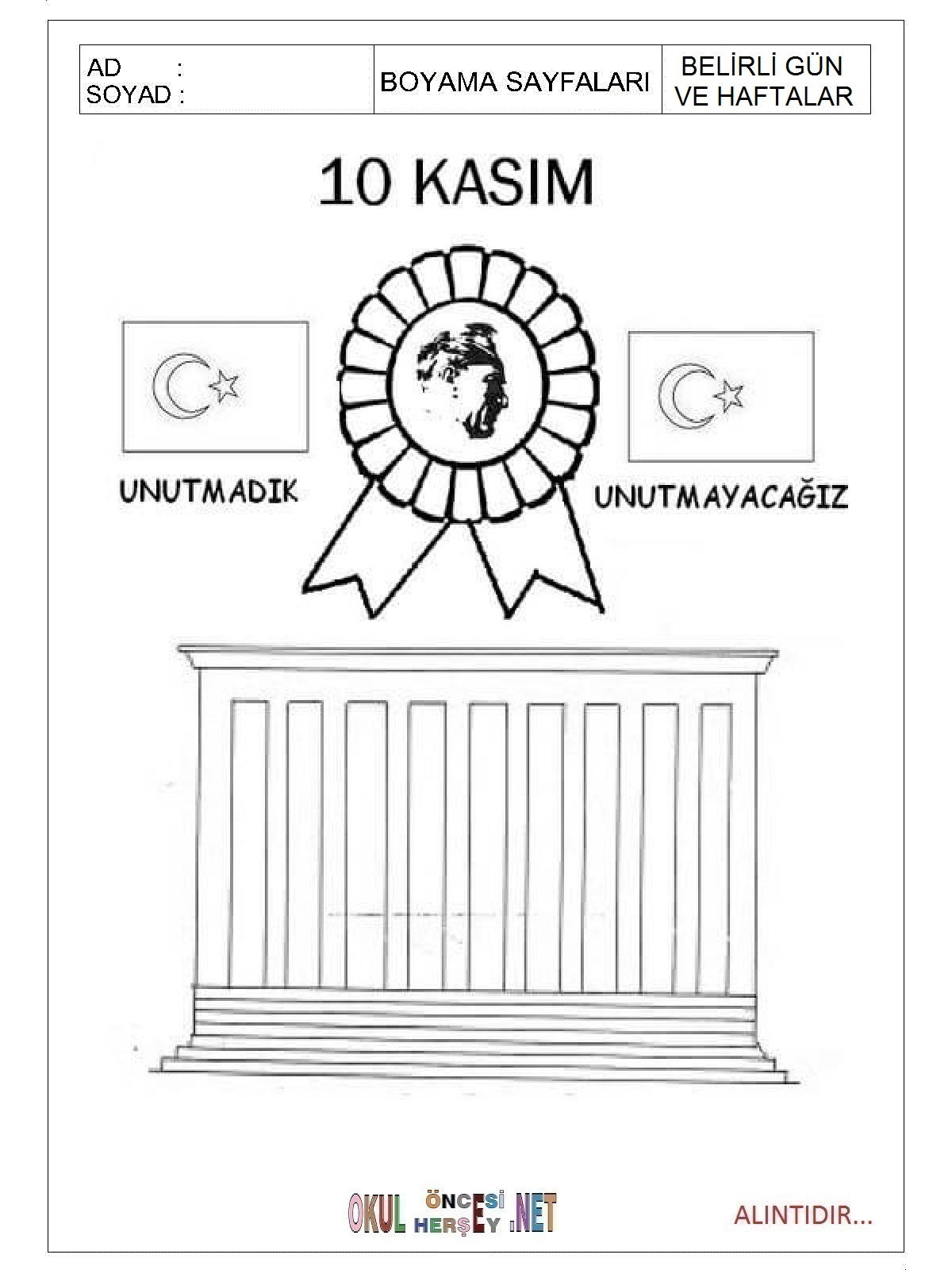Çocuklar İçin 10-Kasım Boyama Sayfaları 