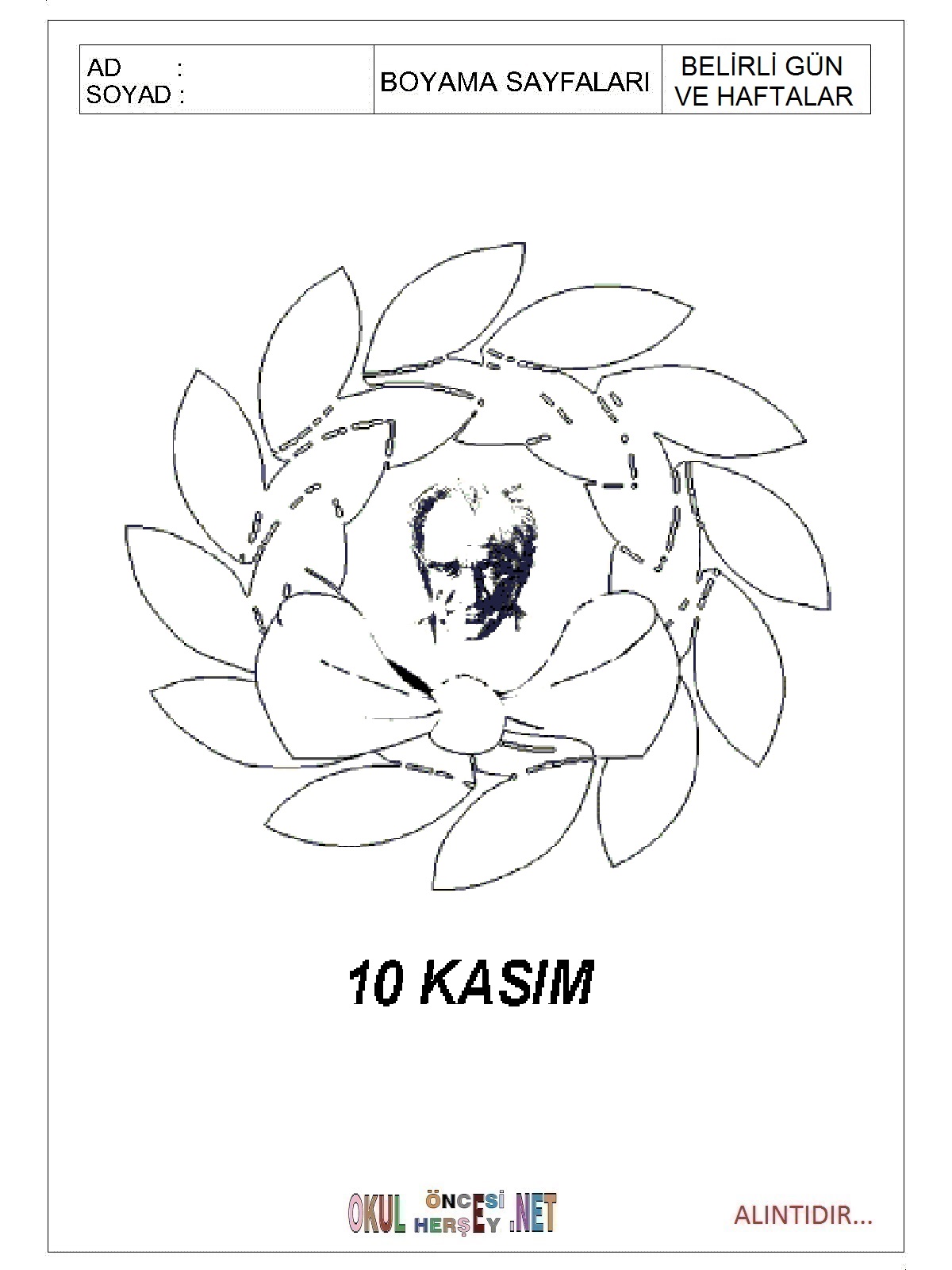Çocuklar İçin 10-Kasım Boyama Sayfaları 