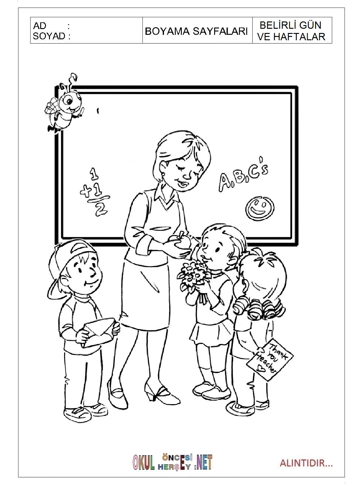 Çocuklar İçin Öğretmenler-Günü Boyama Sayfaları 