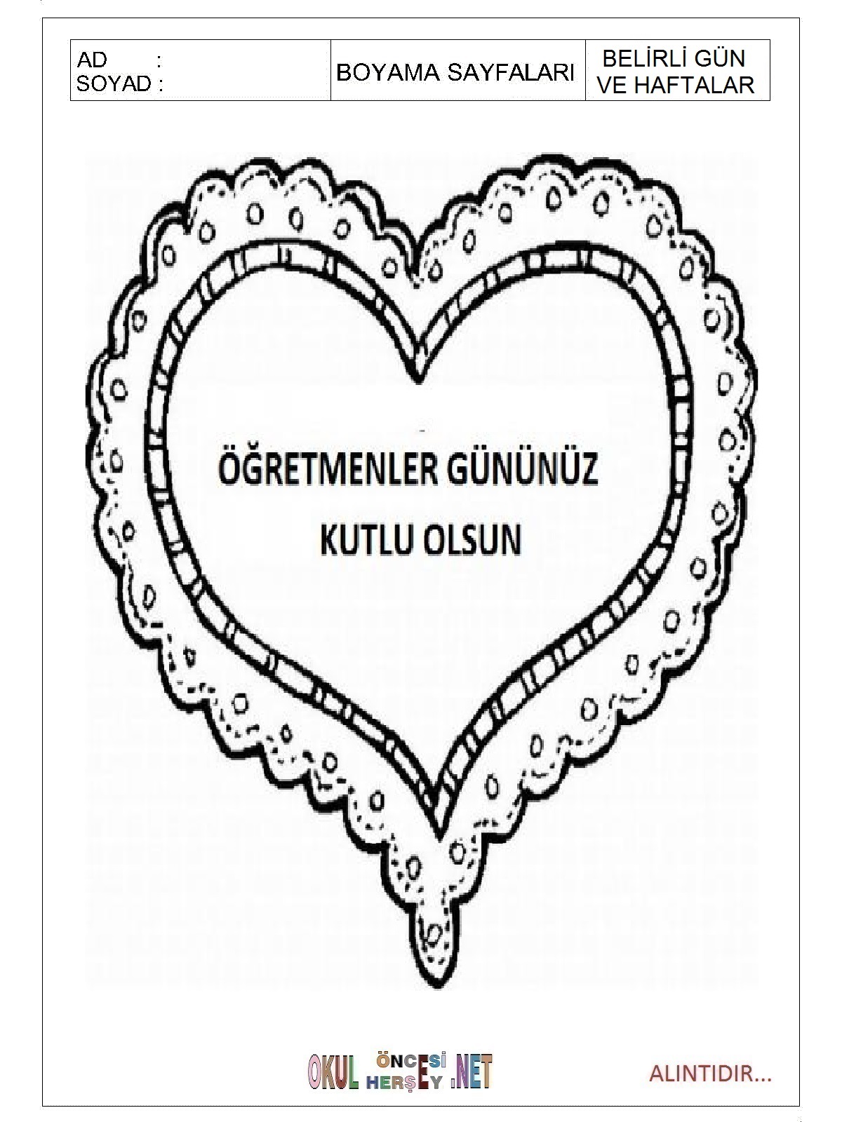 Çocuklar İçin Öğretmenler-Günü Boyama Sayfaları 