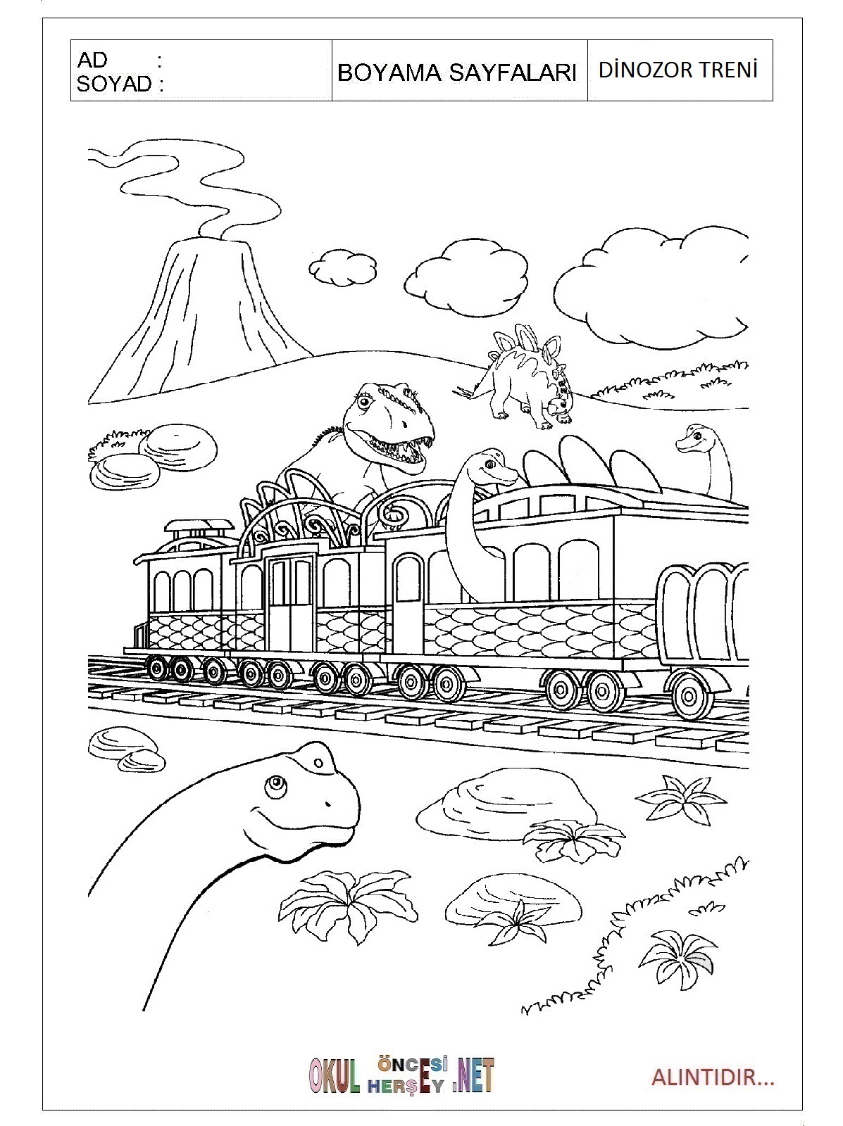 Çocuklar İçin Dinozor Treni Boyama Sayfaları 