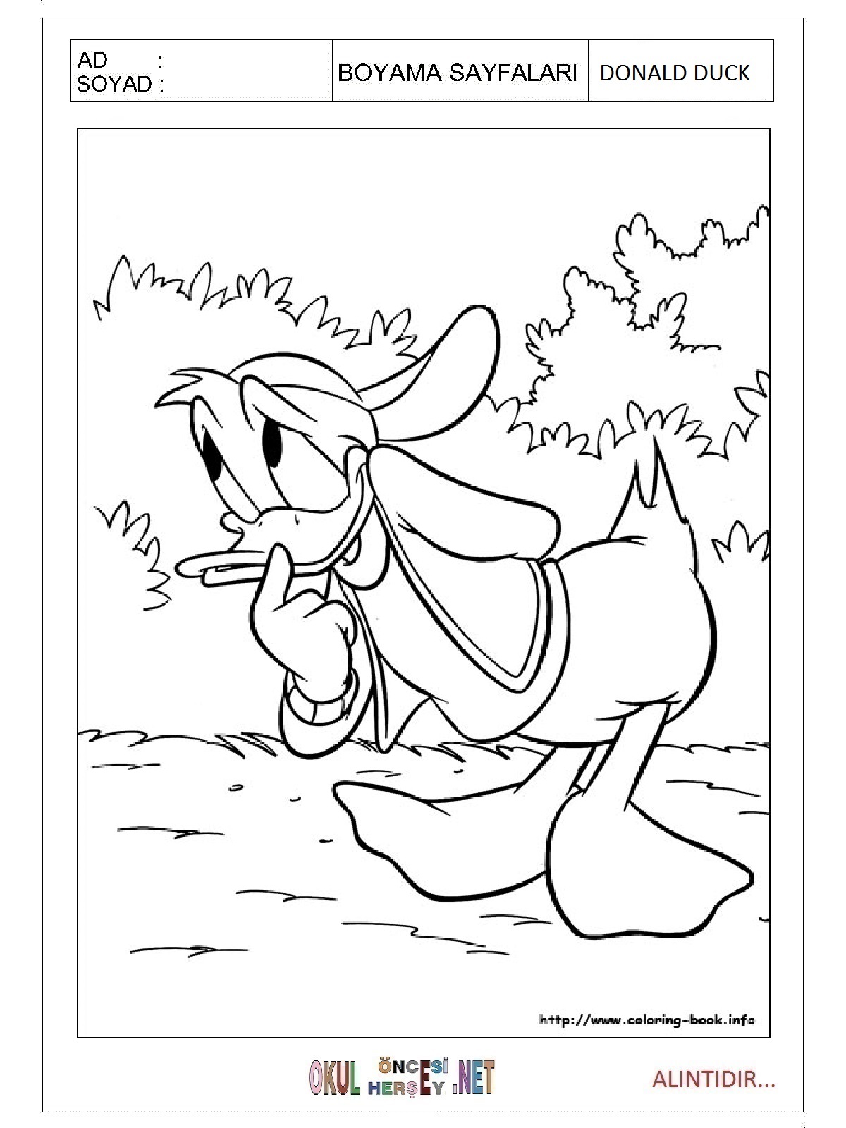 Çocuklar İçin Donald Duck Boyama Sayfaları 