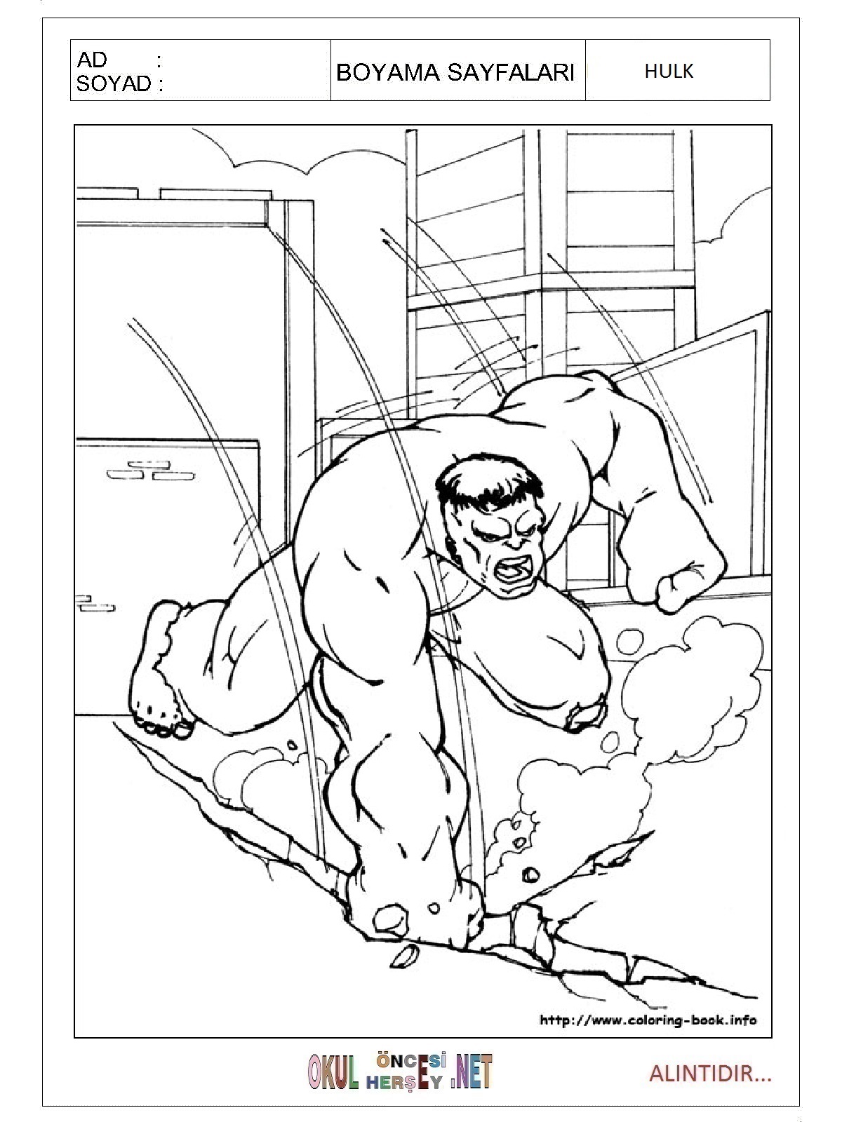 Çocuklar İçin Hulk Boyama Sayfaları 