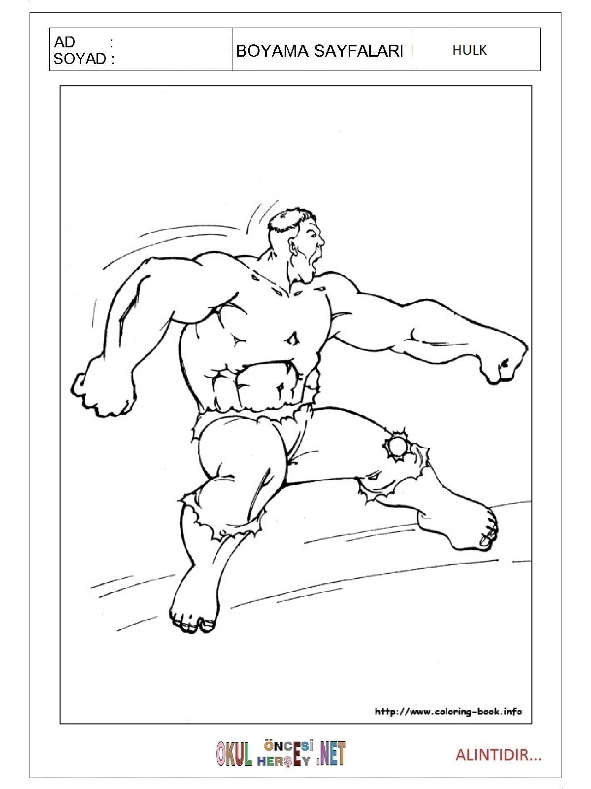 Çocuklar İçin Hulk Boyama Sayfaları 