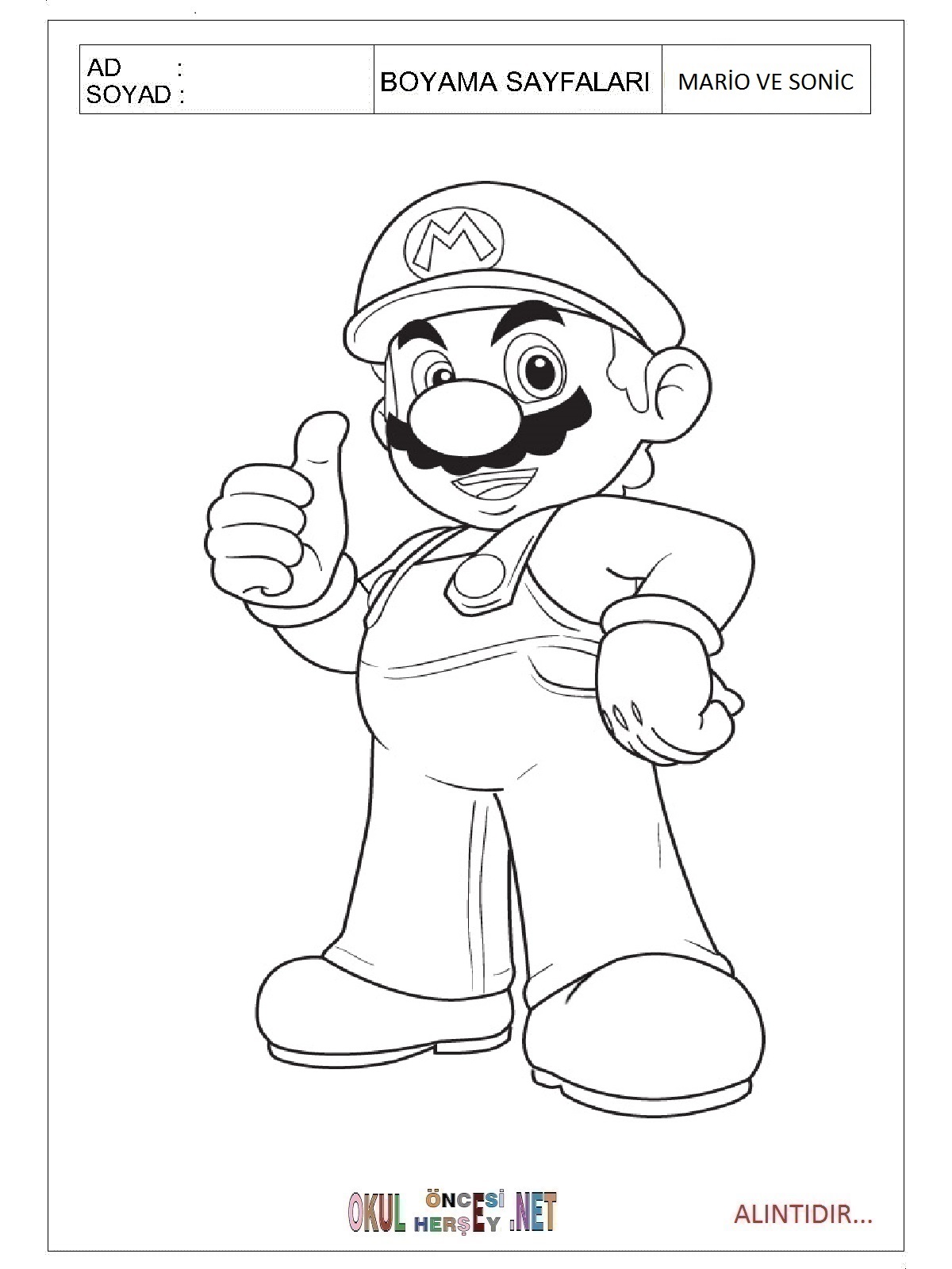 Çocuklar İçin Mario ve Sonic Boyama Sayfaları 