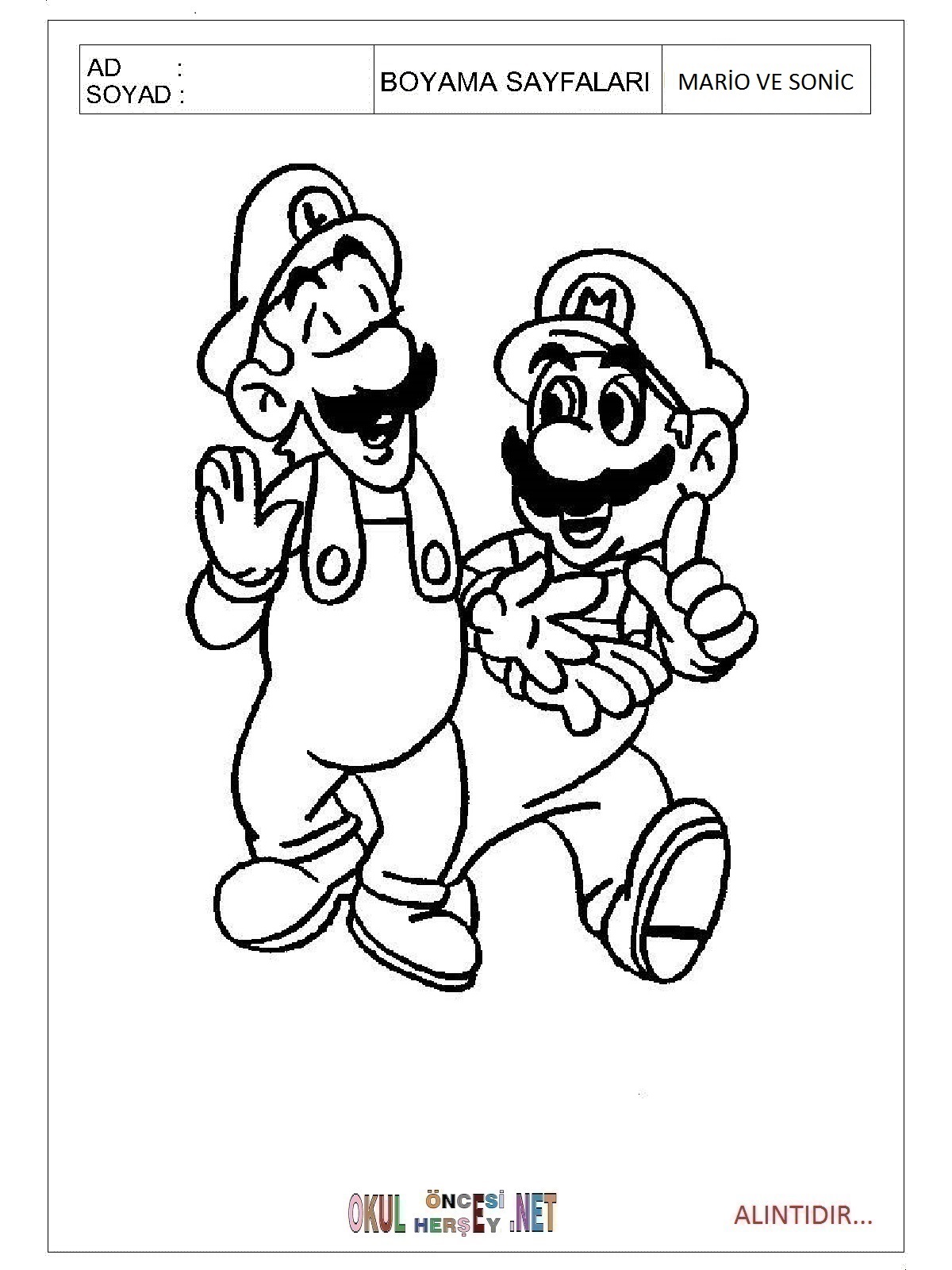Çocuklar İçin Mario ve Sonic Boyama Sayfaları 