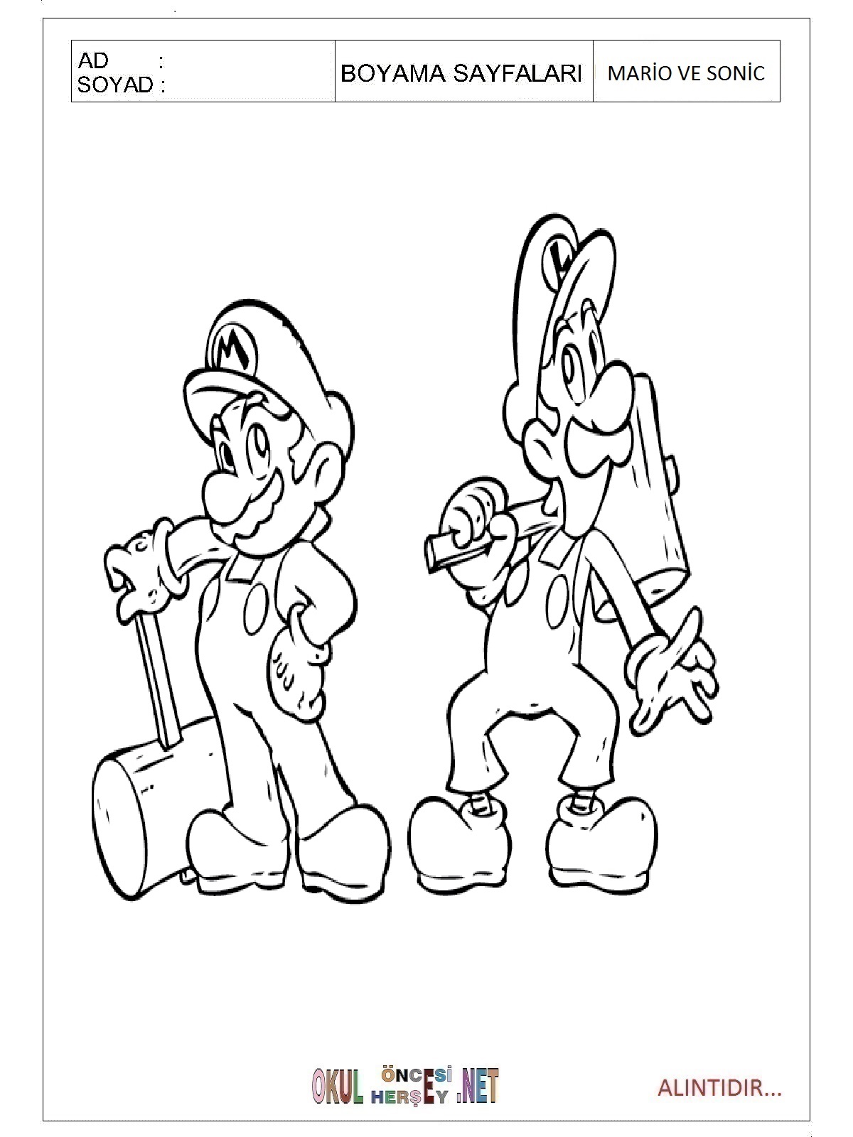 Çocuklar İçin Mario ve Sonic Boyama Sayfaları 