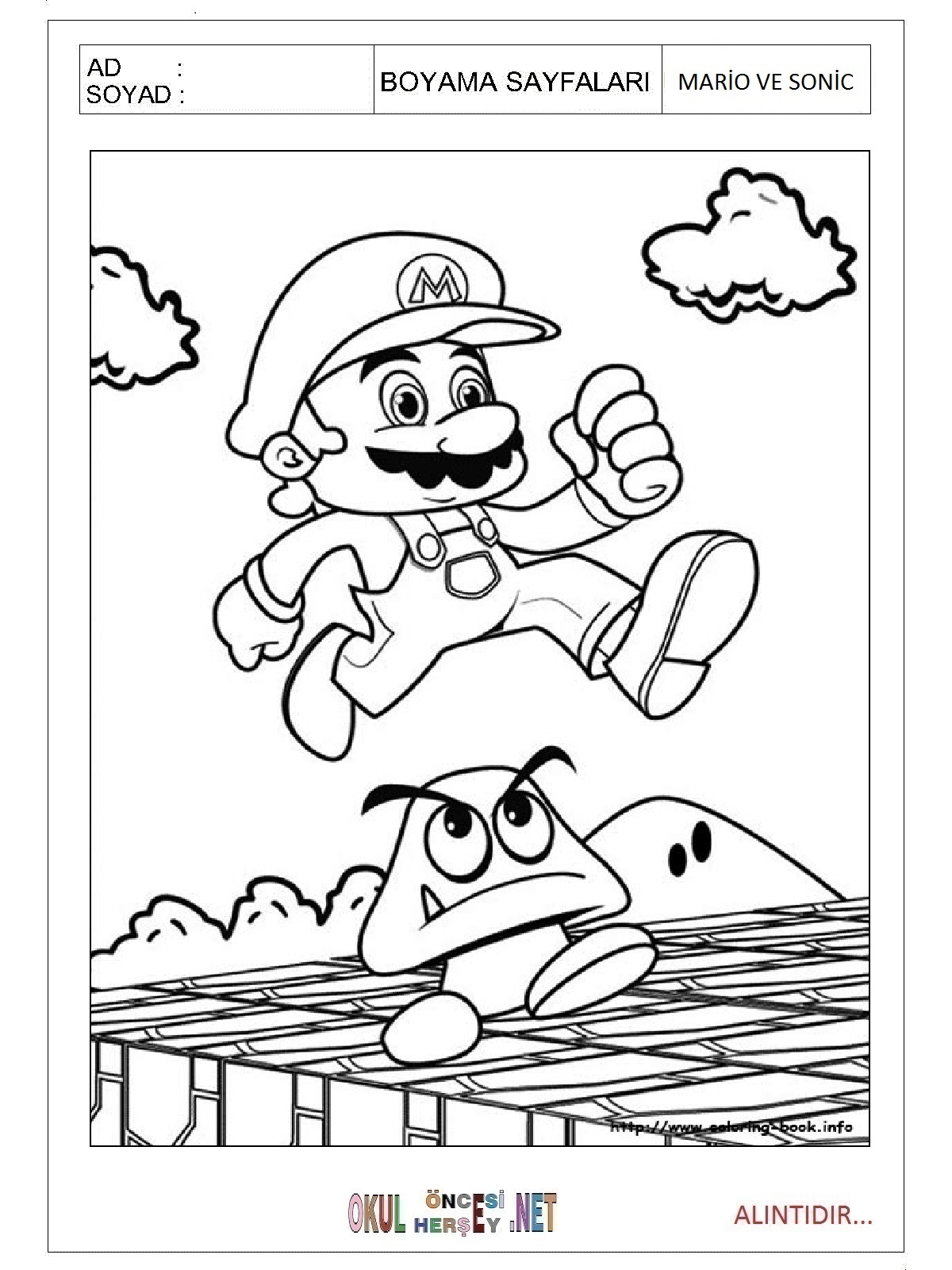 Çocuklar İçin Mario ve Sonic Boyama Sayfaları 