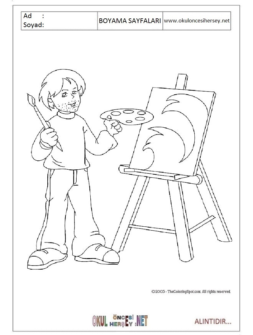 Çocuklar İçin Ressam Boyama Sayfaları 