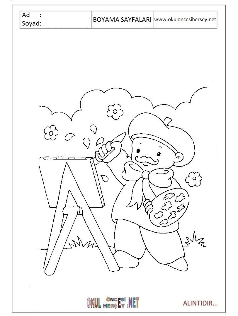 Çocuklar İçin Ressam Boyama Sayfaları 