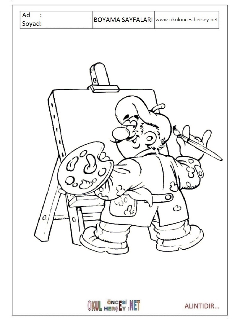 Çocuklar İçin Ressam Boyama Sayfaları 
