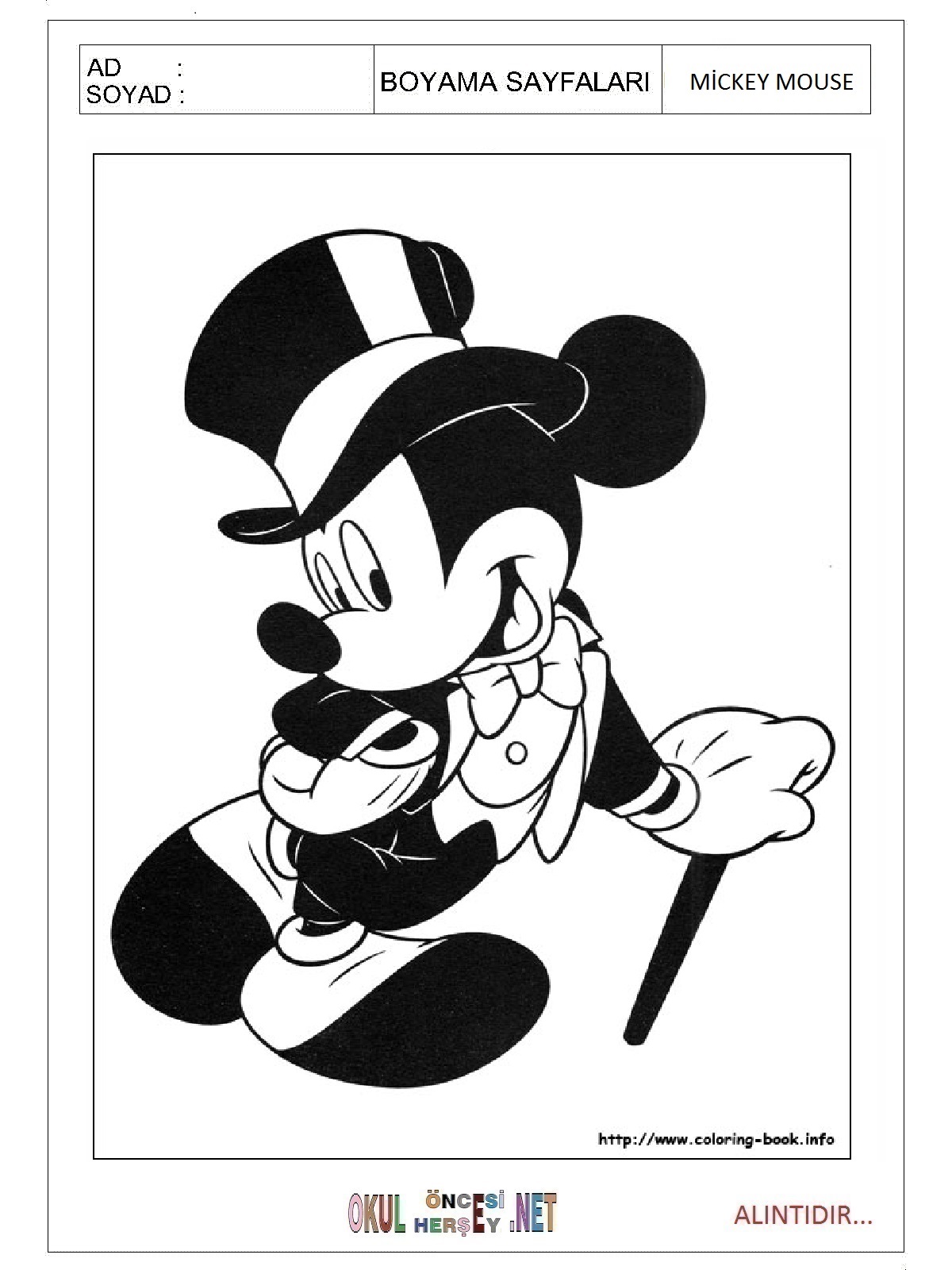 Çocuklar İçin Mickey Mouse Boyama Sayfaları 