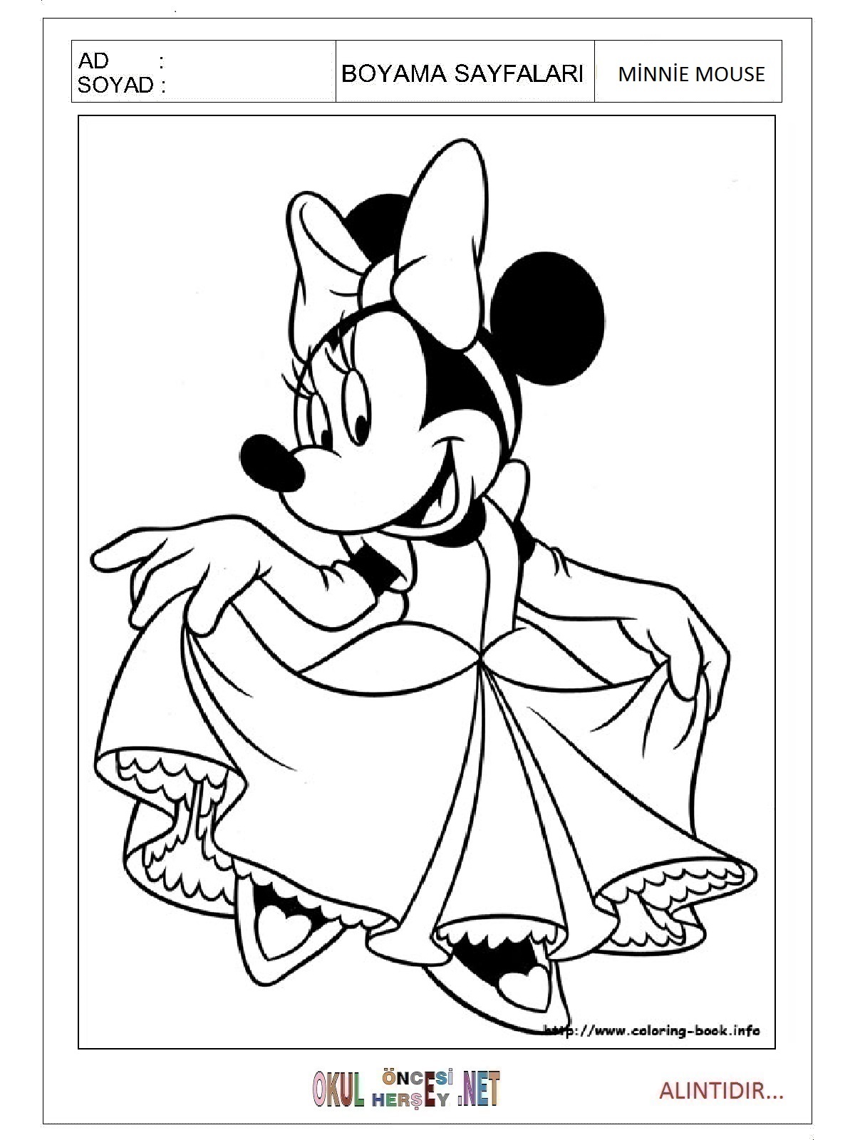 Çocuklar İçin Minnie Mouse Boyama Sayfaları 