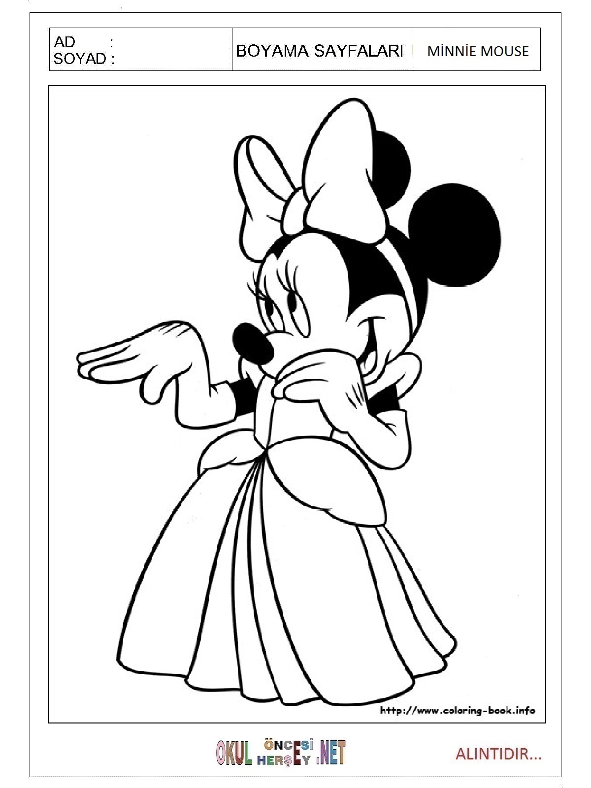 Çocuklar İçin Minnie Mouse Boyama Sayfaları 